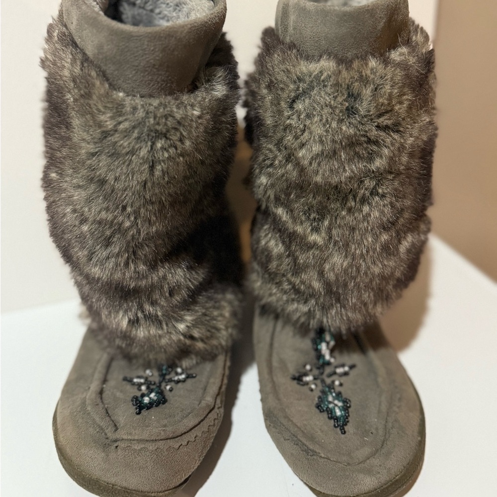 Gray Faux Fur Ankle Boots